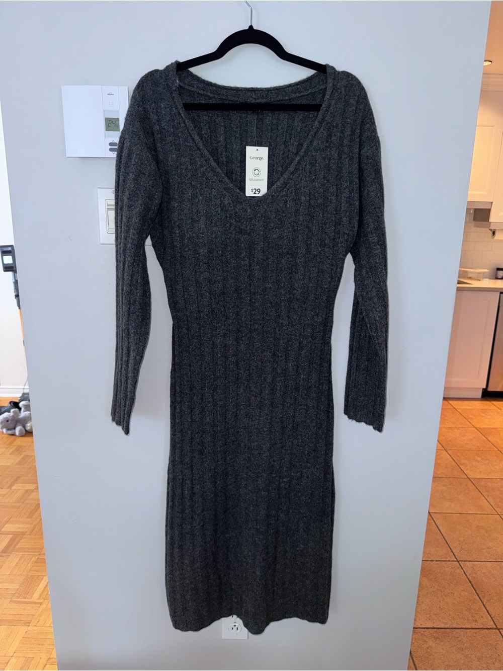 George Charcoal Gray Ribbed V-Neck Long Sleeve Knit Dress